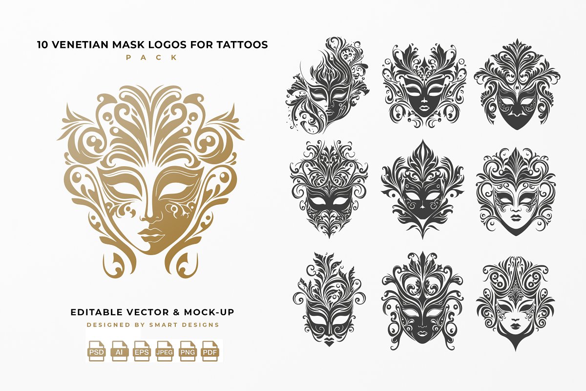Cover image of Venetian Mask Logos for Tattoos Pack.
