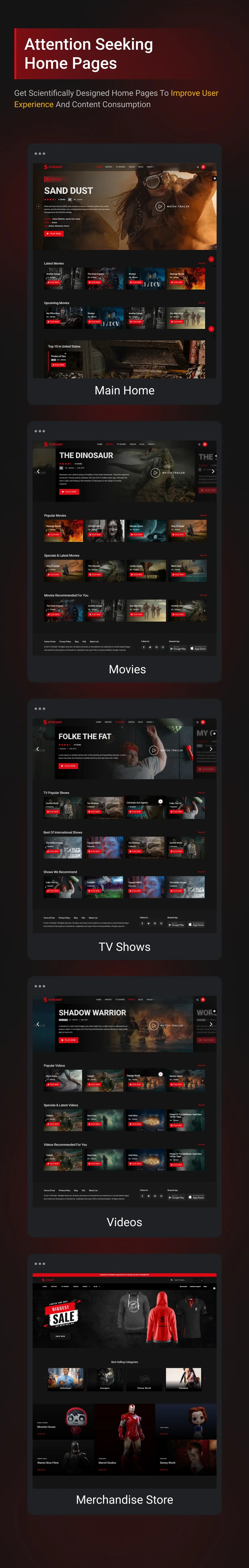 Pack of colorful Streamit theme pages for streaming video.
