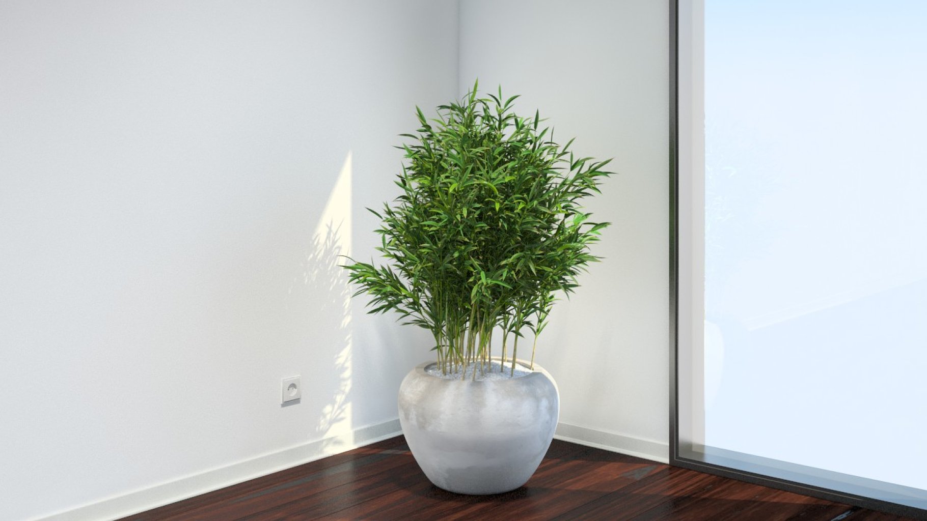 Rendering of a wonderful 3d model of a round light flowerpot with a plant