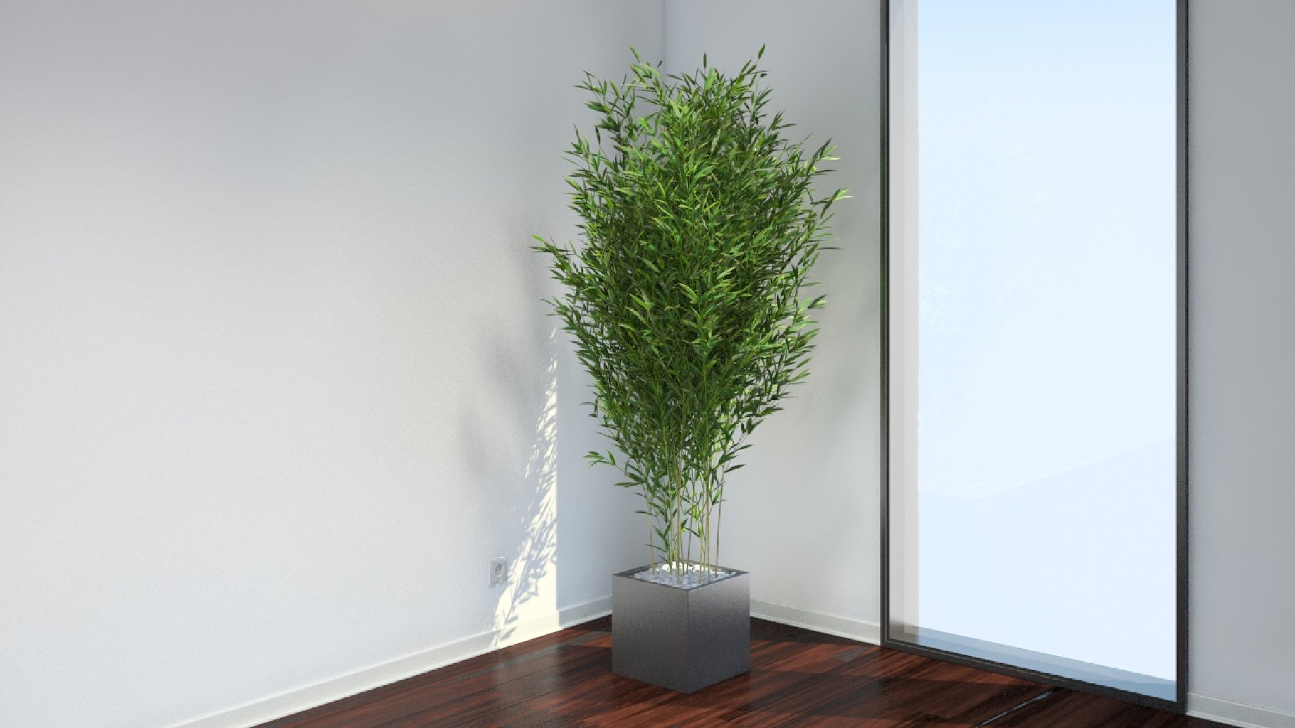 Rendering of an enchanting 3d model of a square gray flowerpot with a plant