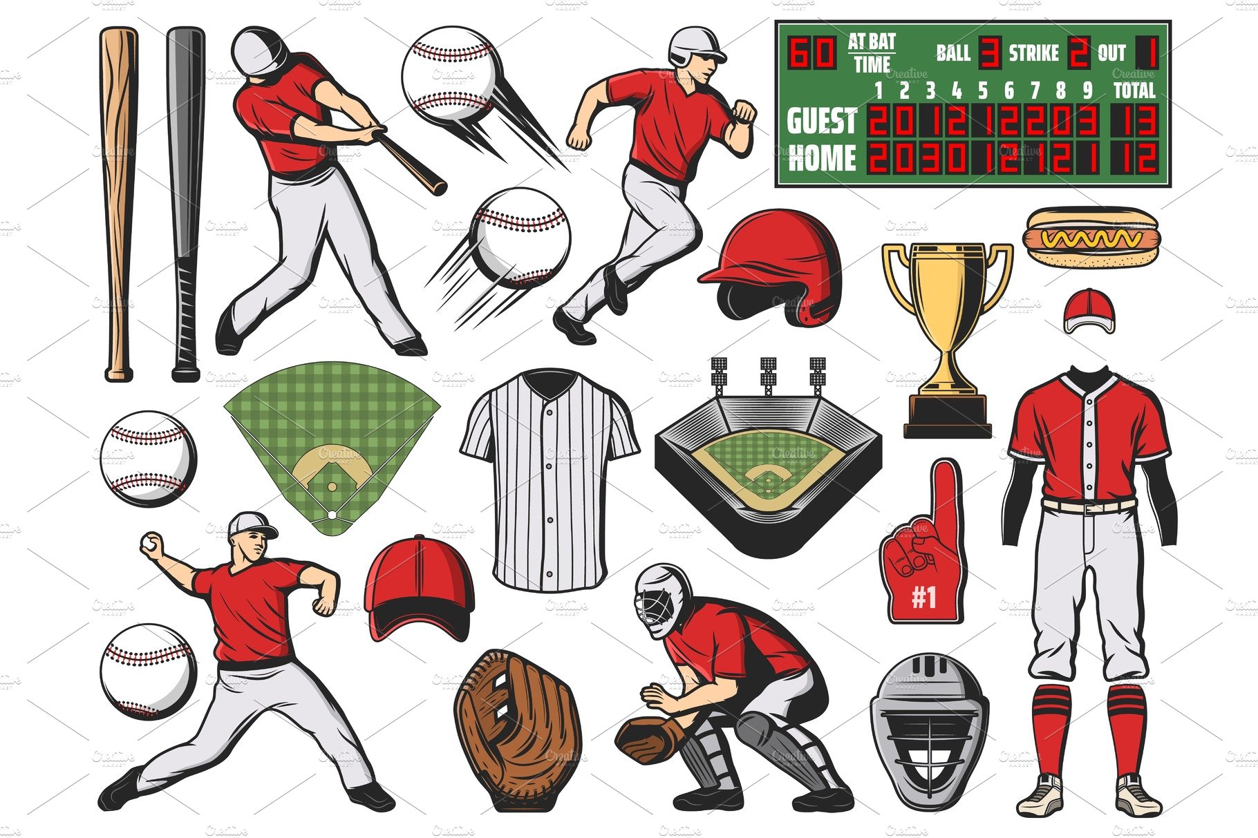Colorful elements for baseball illustrations.