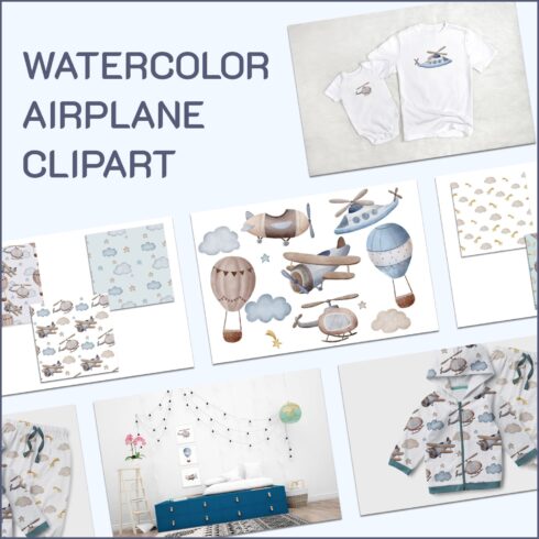 Watercolor airplane clipart PNG.