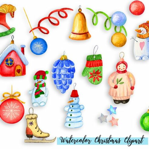 Watercolor Christmas Clipart PNG Elements.