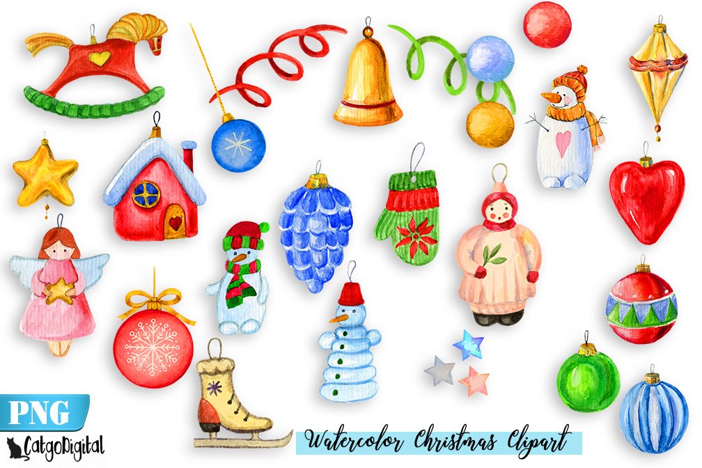 Watercolor Christmas Clipart PNG Elements.