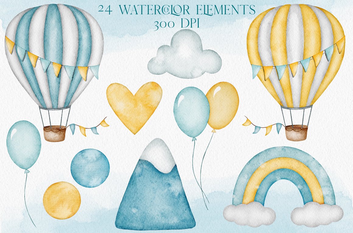 Beautiful image with watercolor hot air balloons and balloons.