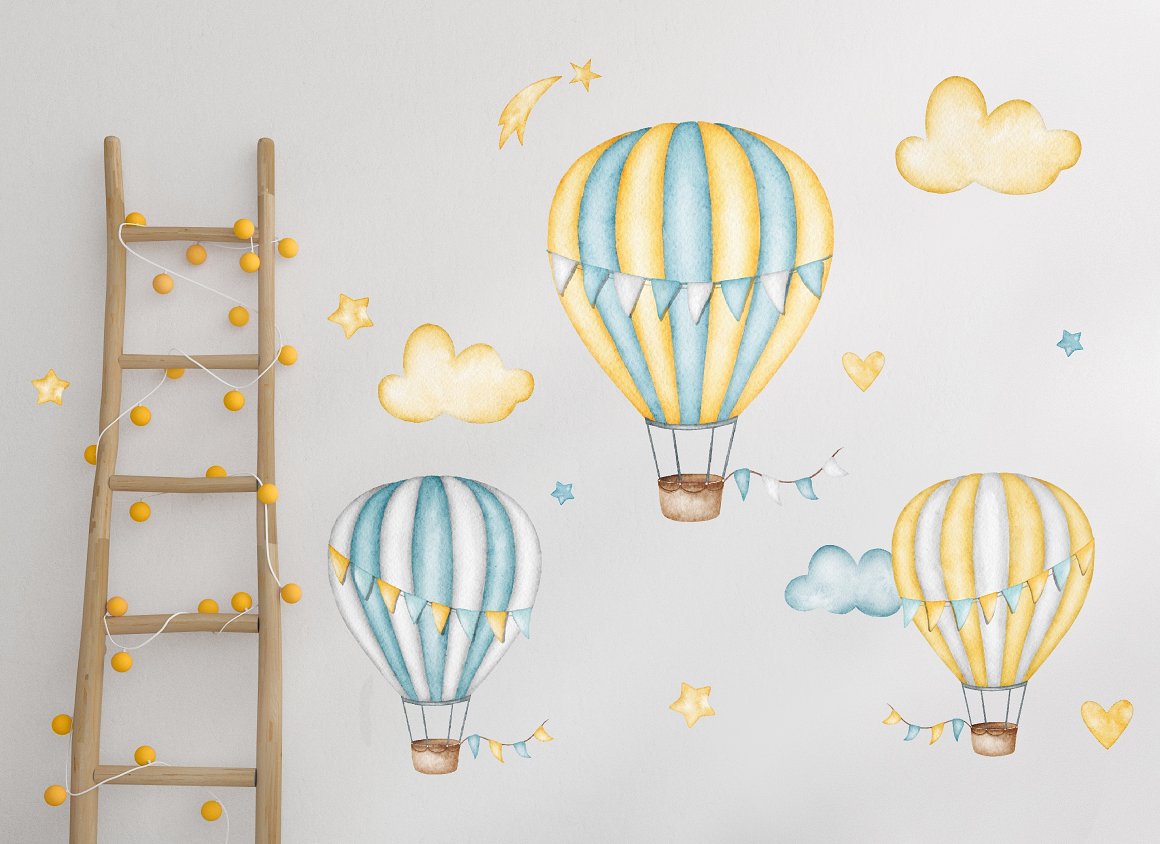 Colorful image with watercolor hot air balloons.
