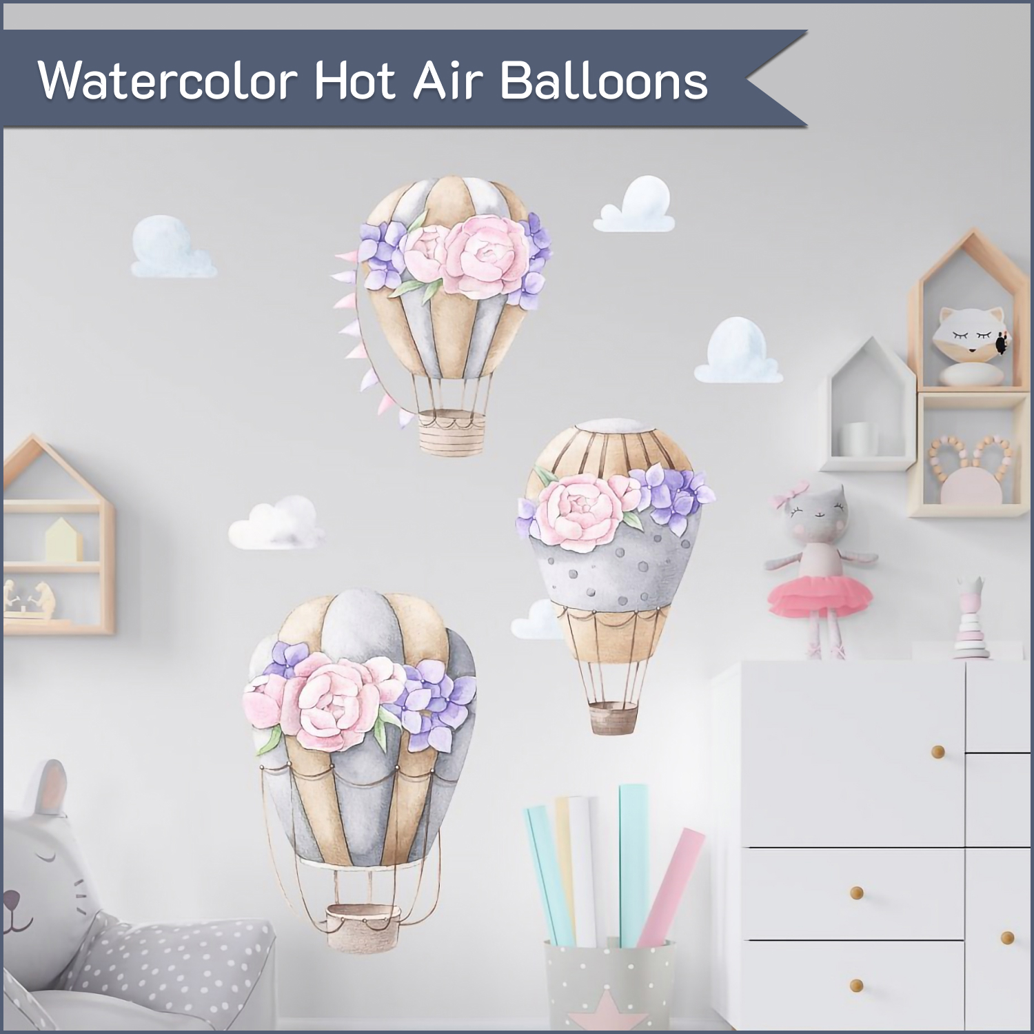 Watercolor hot air balloons.