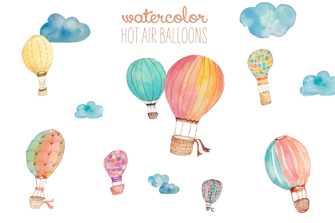 Adorable watercolor image with hot air balloons.
