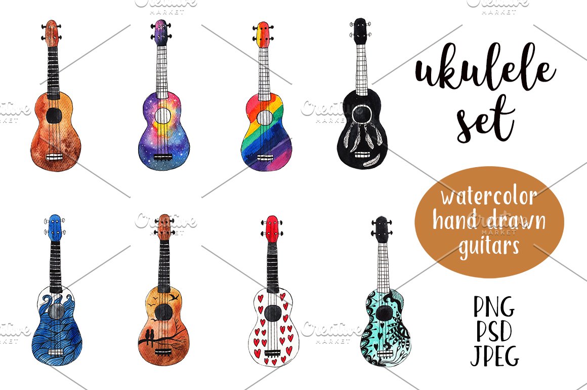 Pack of irresistible ukulele watercolor images.