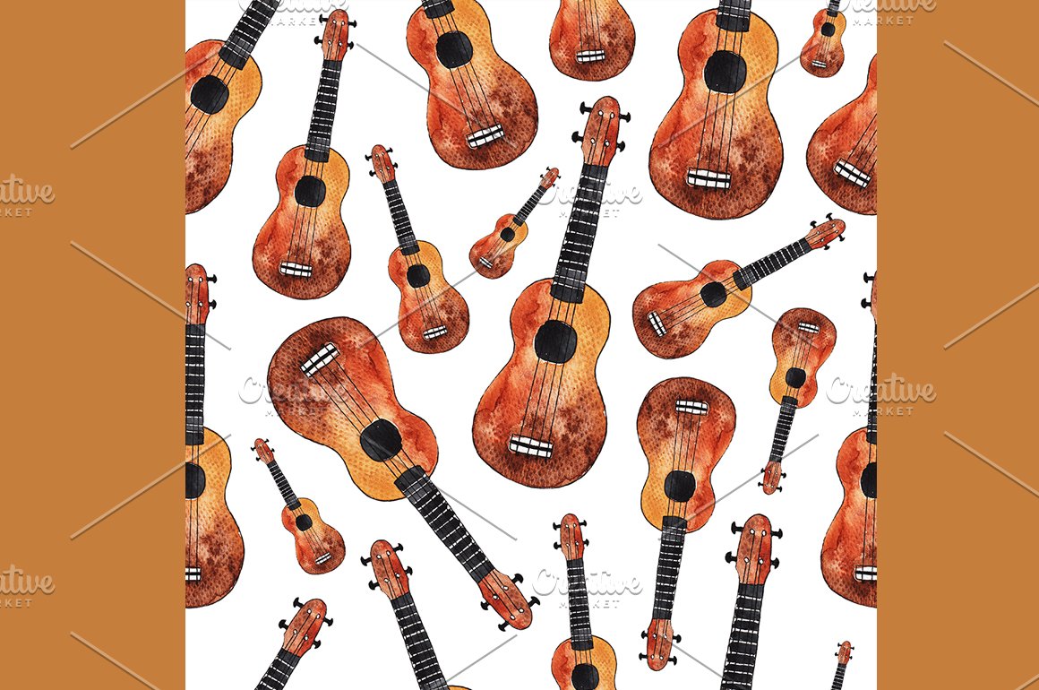 A selection of colorful watercolor images of the ukulele.