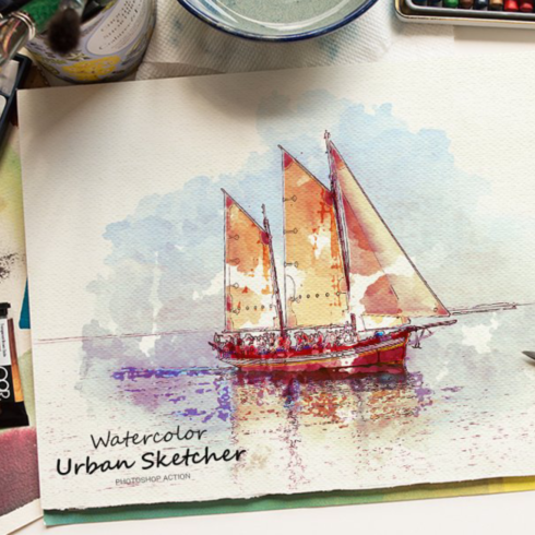 Watercolor urban sketcher ps action main image preview.