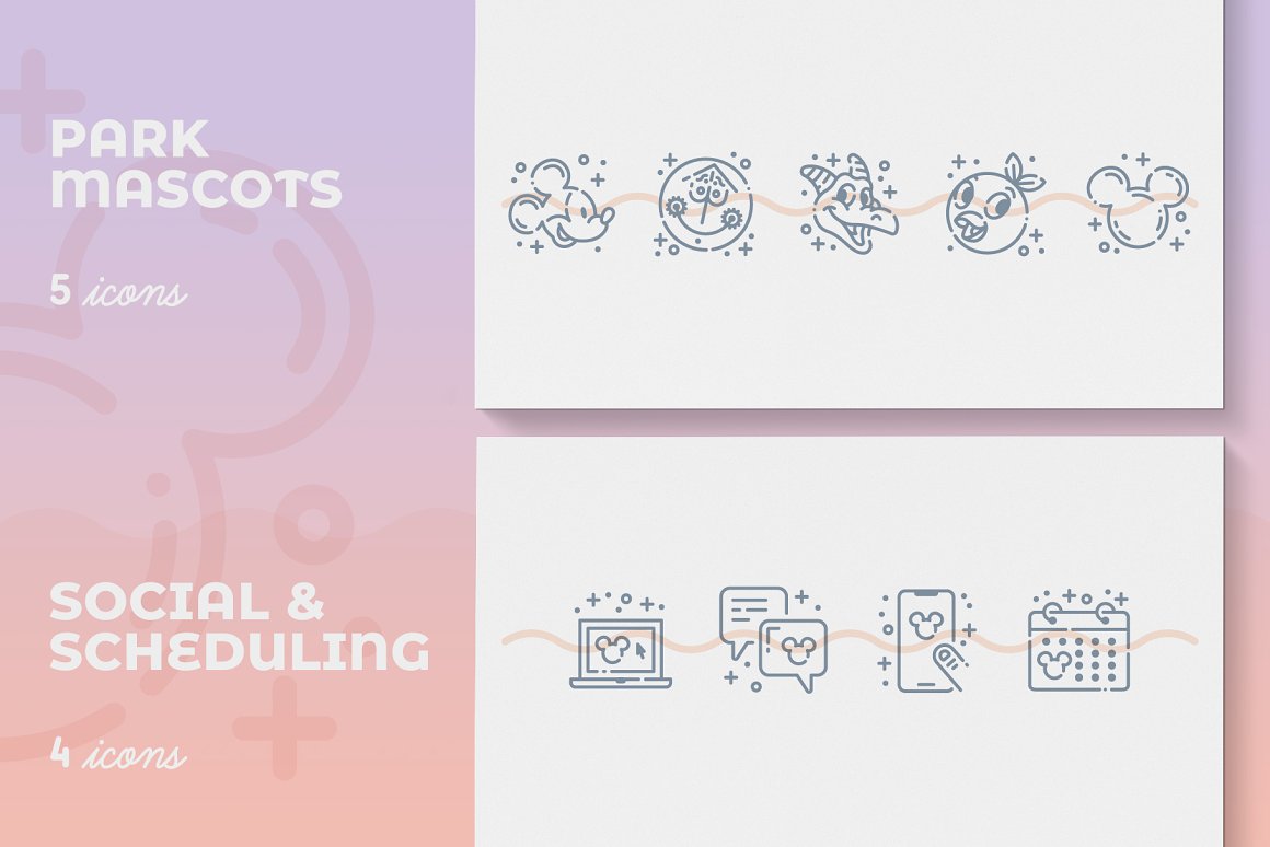 5 park mascots icons and 4 social and scheduling icons on a gray background.
