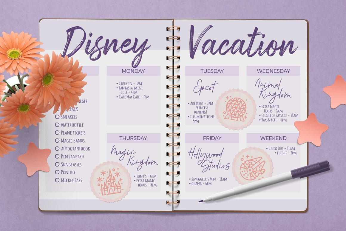 Spiral notebook with purple lettering "Disney Vacation" and planer to week.