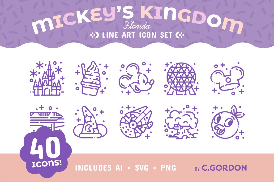 Mickey's Kingdom pack of 40 different line art icons on a white background.
