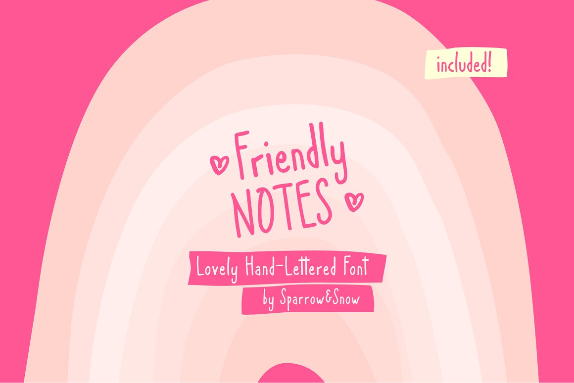 Pink lettering "Friendly notes" on a dark and light pink background.