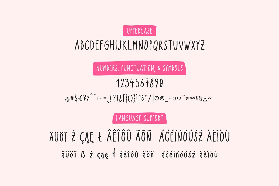 A set of black uppercase, numbers, punctuation, symbols and language support on a pink background.