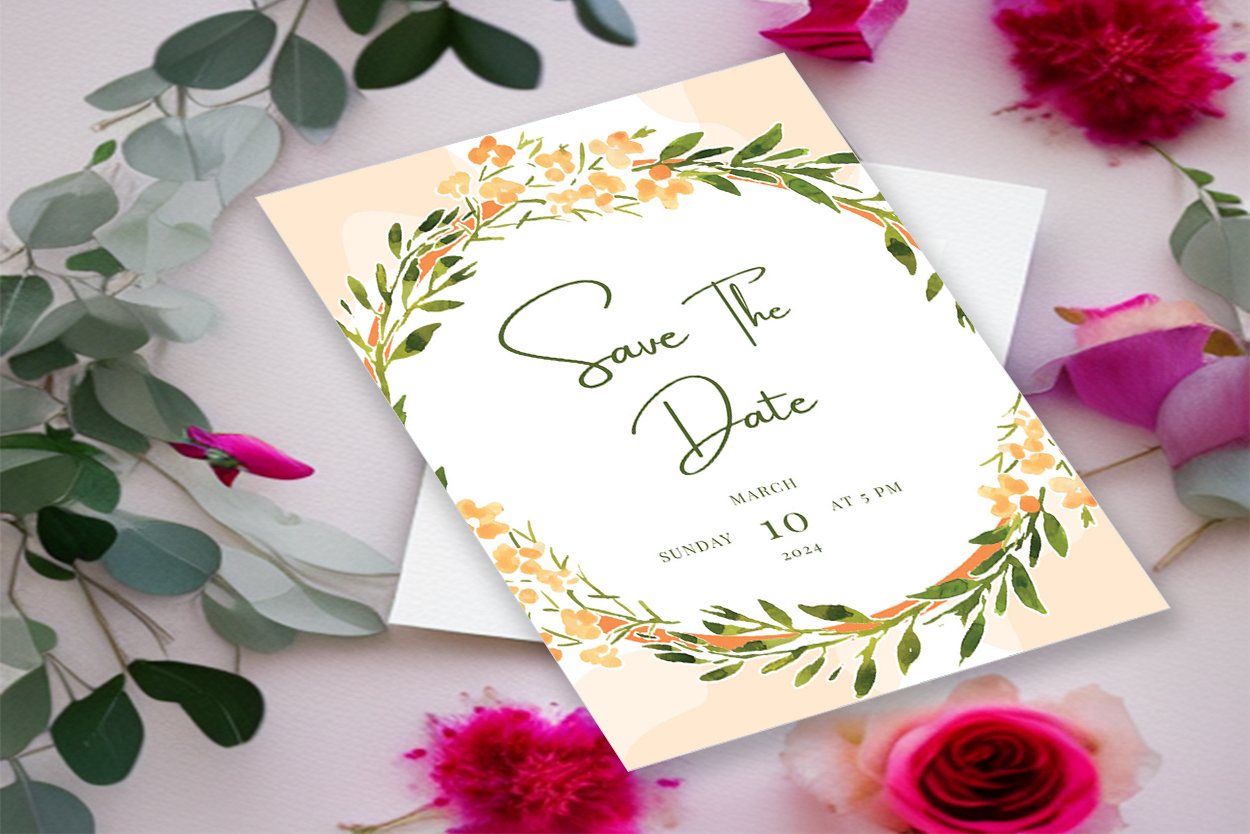 Image of amazing wedding invitation card with leaves watercolor frame.