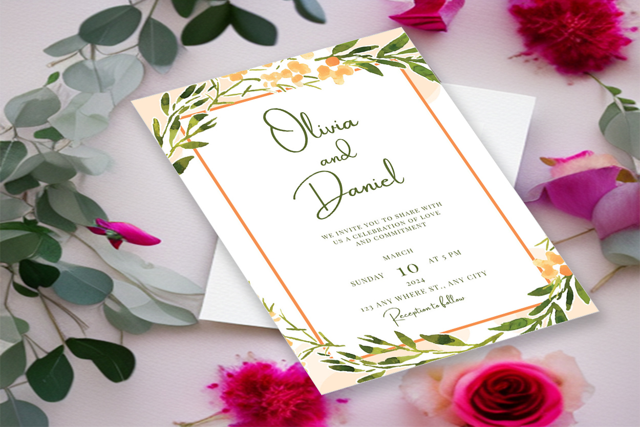 Image of enchanting wedding invitation with watercolor leaves frame.