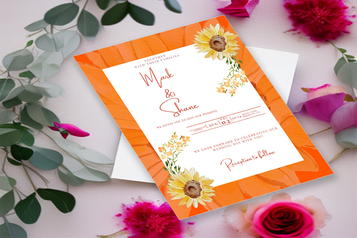 Image of enchanting wedding invitation with sunflowers.