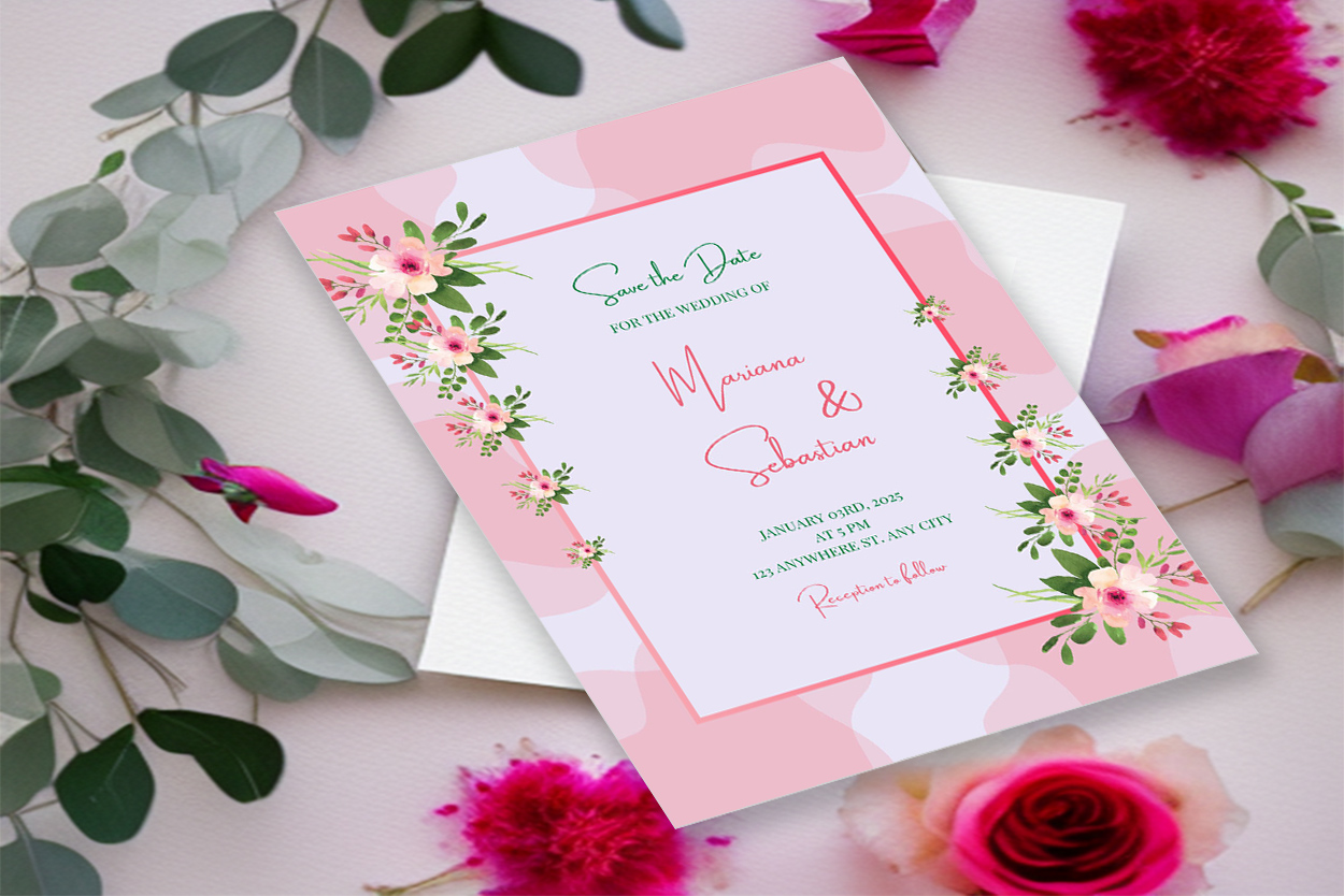 Image of gorgeous wedding invitation with flowers.