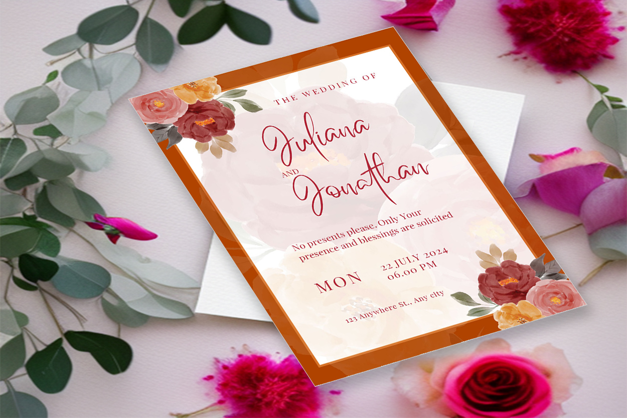 Image of charming wedding invitation in orange color.