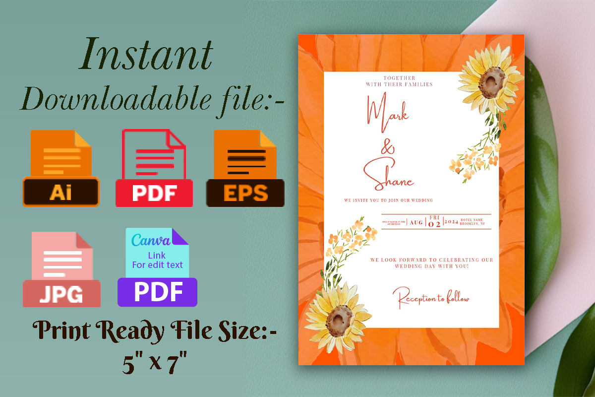 Image of irresistible wedding invitation with sunflowers.