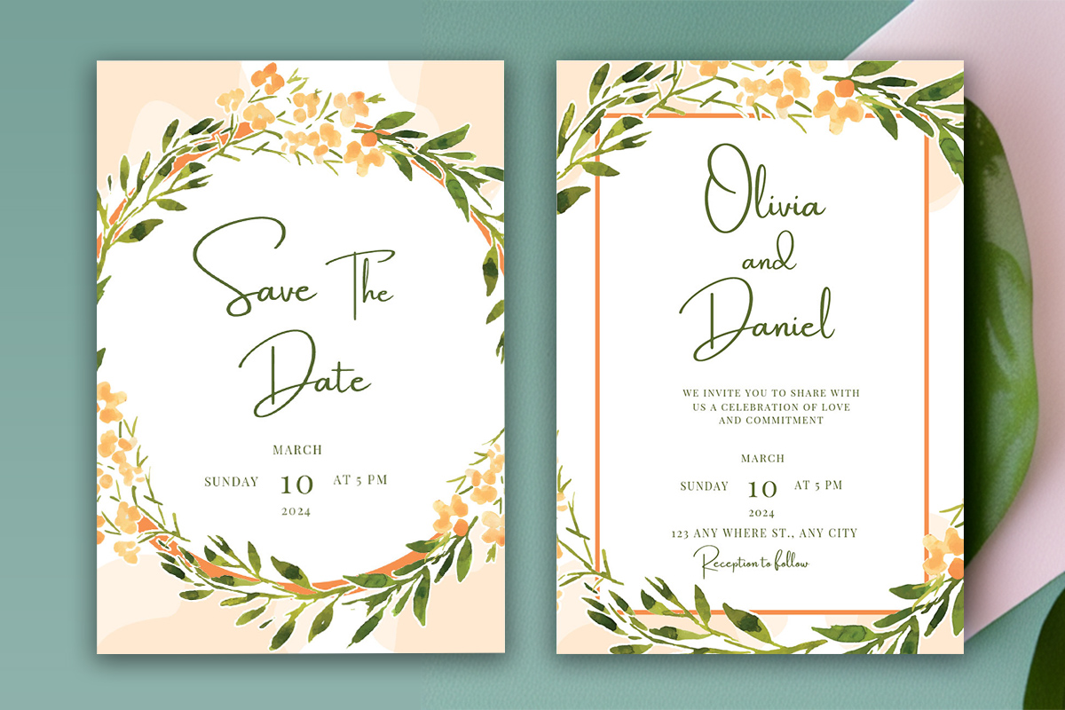 Image of wonderful wedding invitation with watercolor frame.