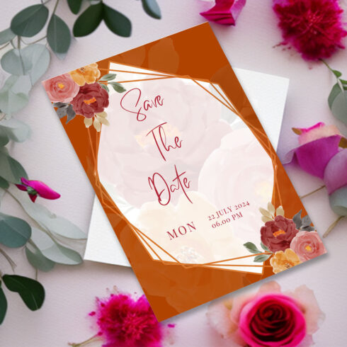 Image of elegant wedding invitation in orange color.