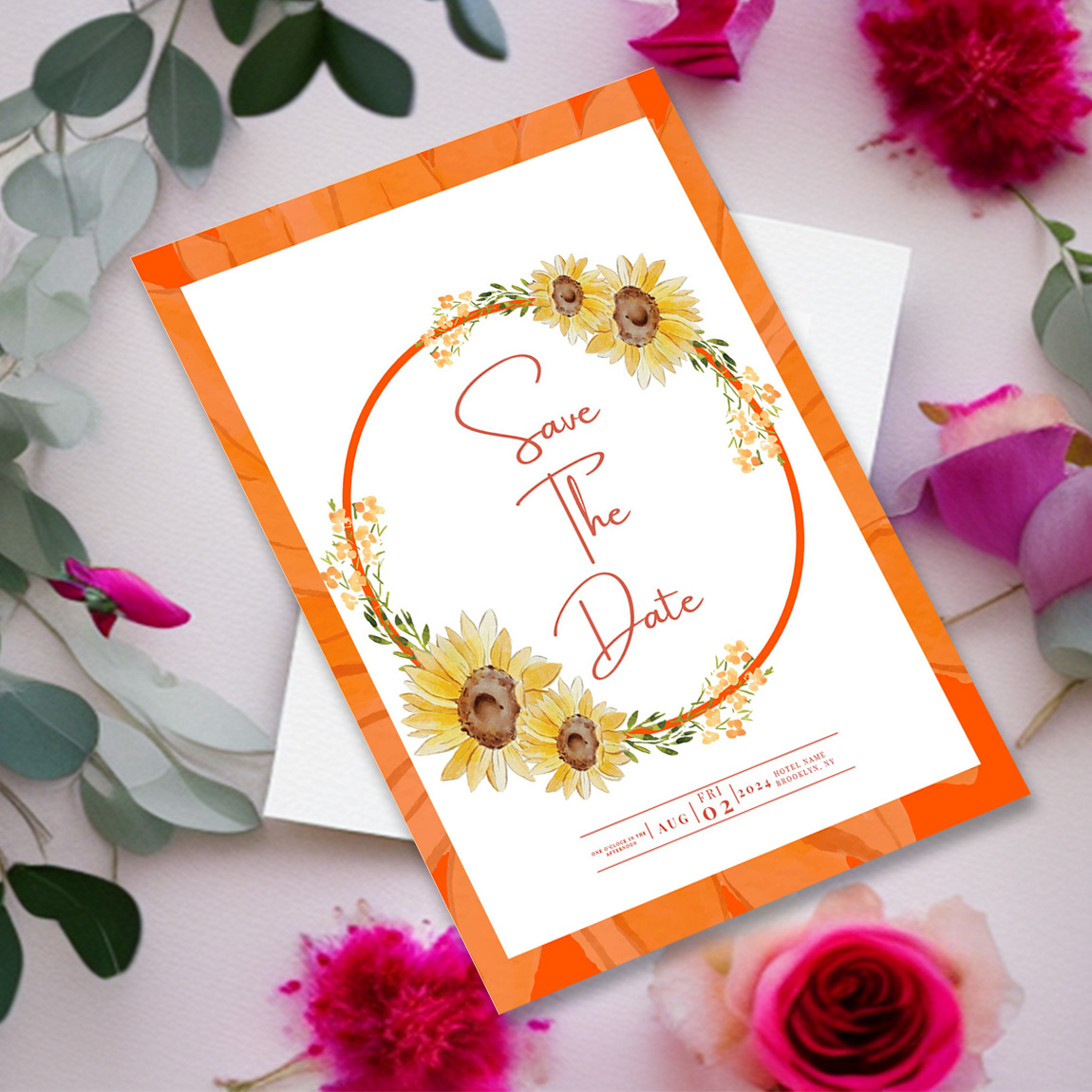 Image of colorful wedding invitation with sunflowers.