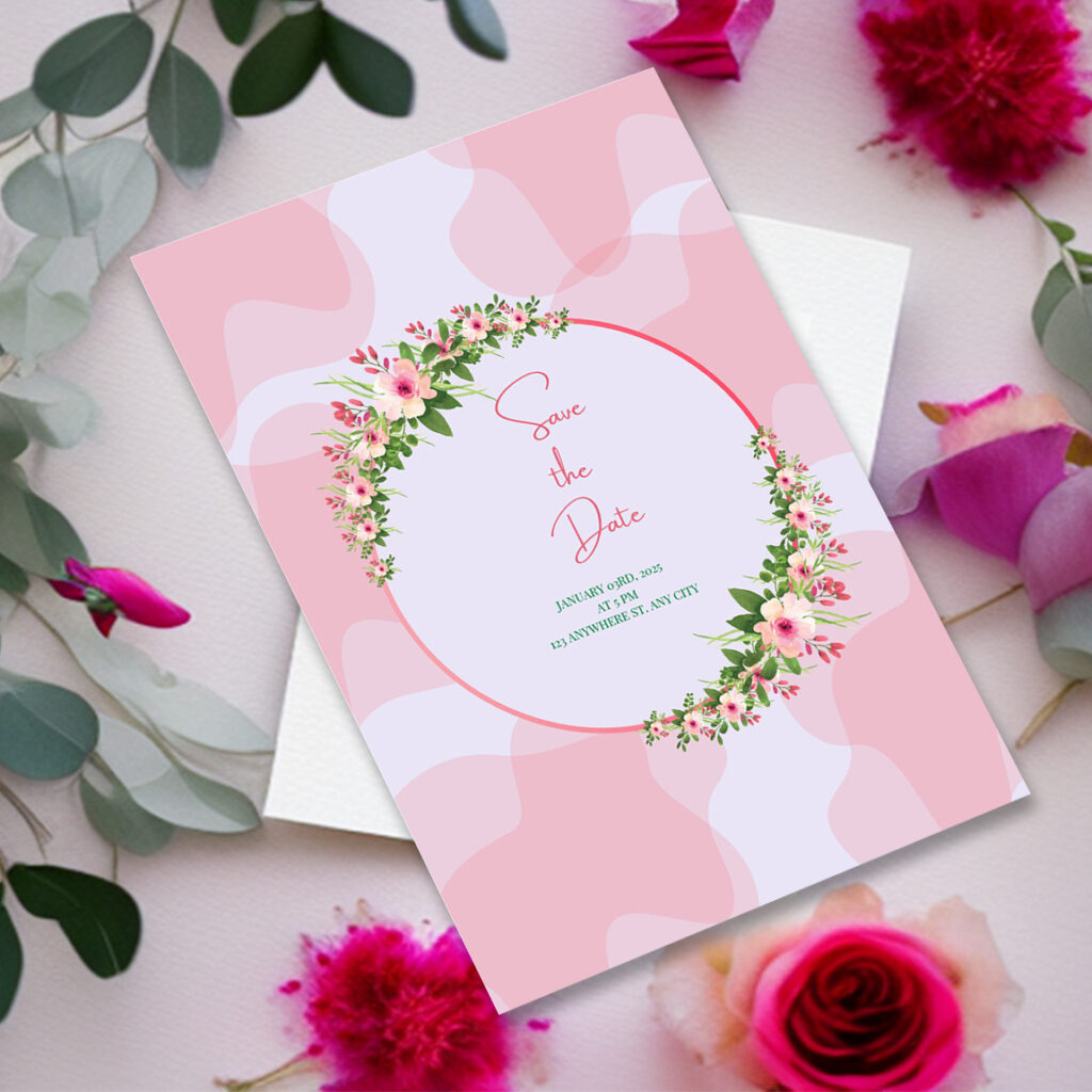 Pink Watercolor Floral Frame Wedding Card - MasterBundles