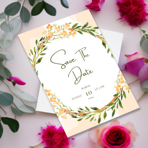 Picture of beautiful wedding invitation with watercolor frame.