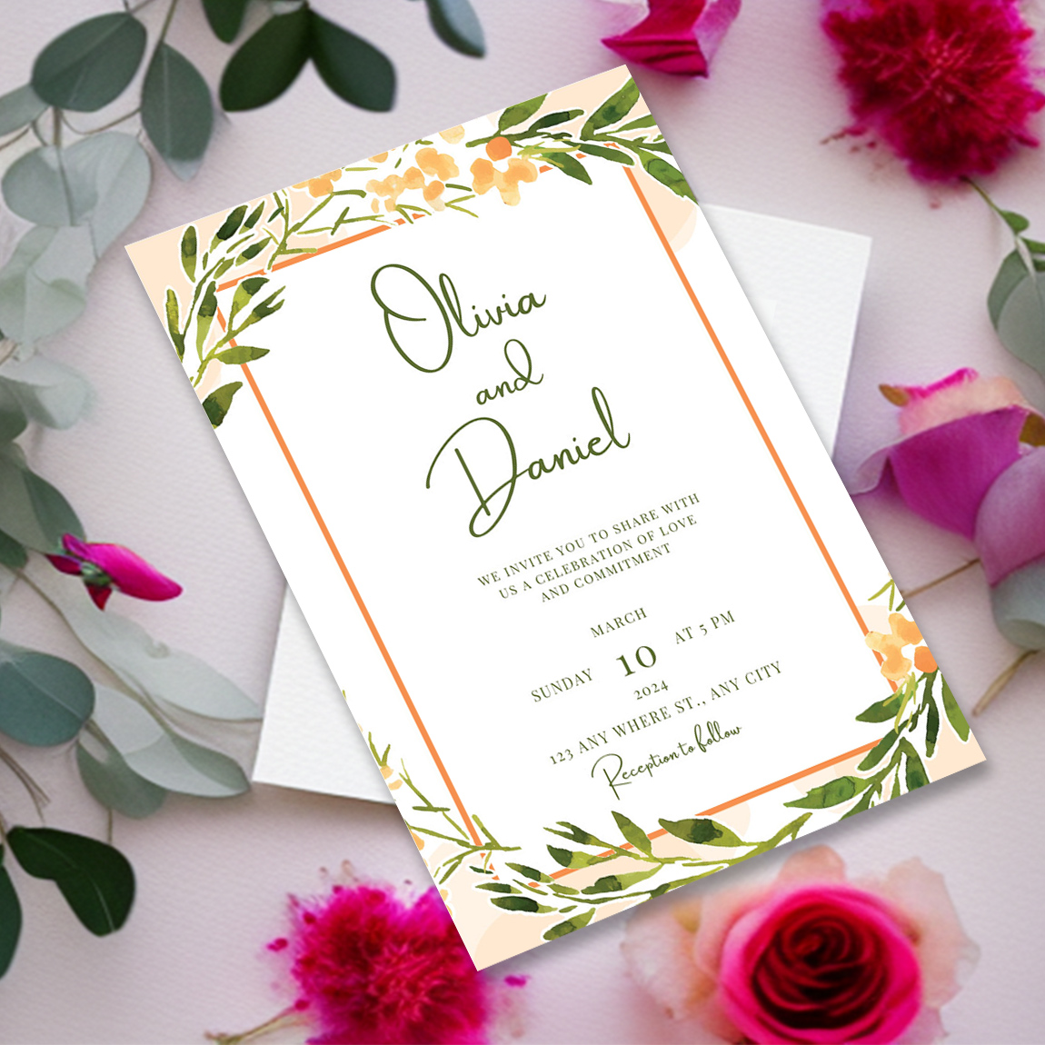 Image of colorful wedding invitation with watercolor frame.