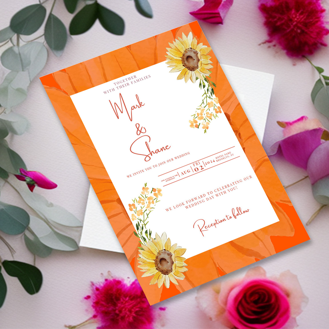 Image of a beautiful wedding invitation with sunflowers.