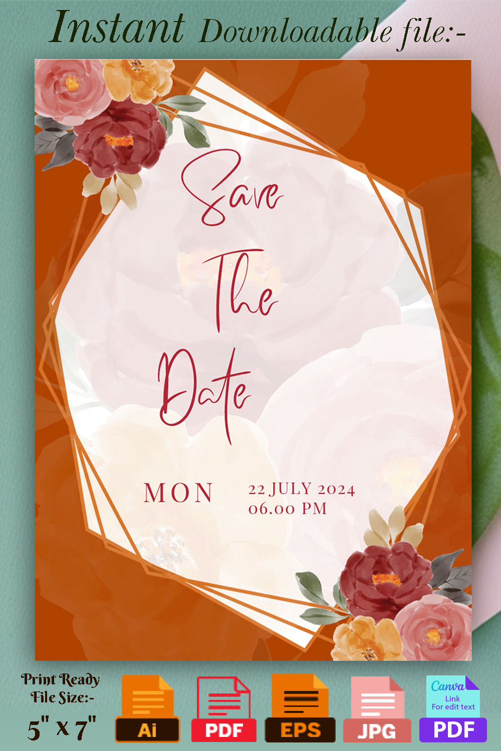 Image of charming wedding invitation in orange color.