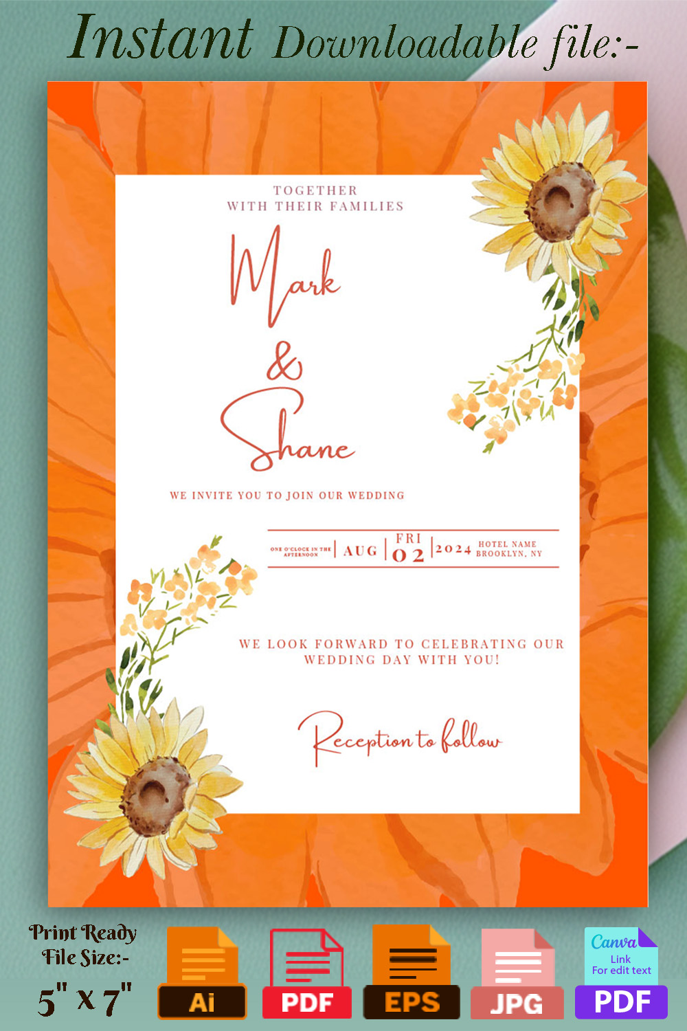 Image of exquisite wedding invitation with sunflowers.