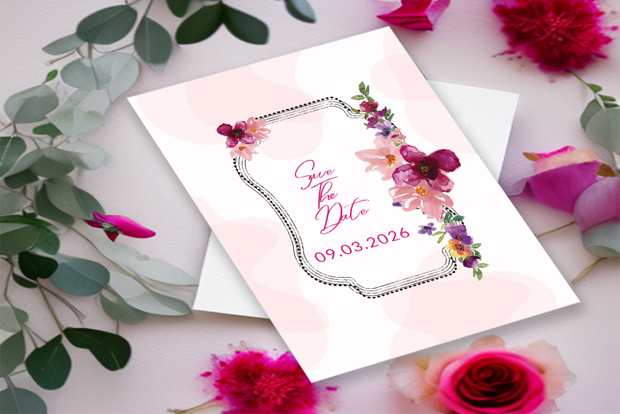 Image of colorful wedding invitation with floral design.