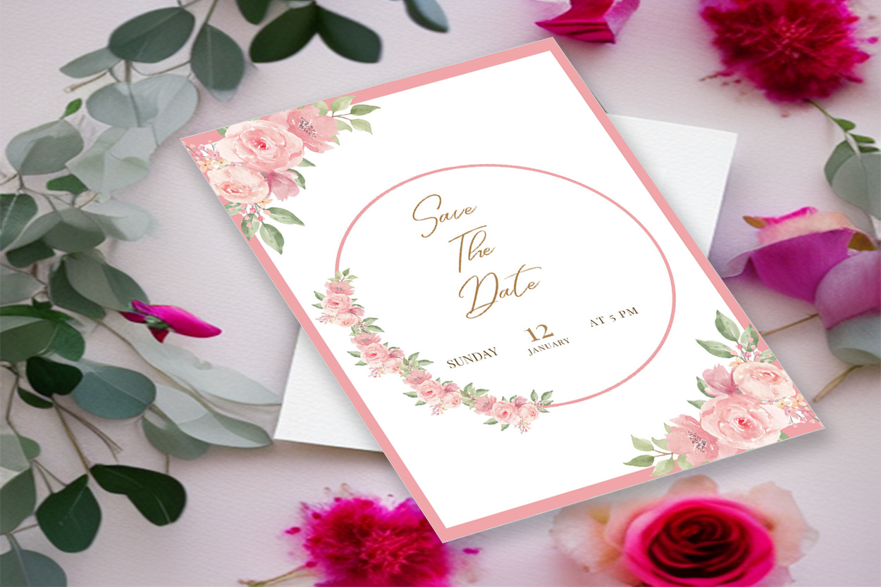 Image of enchanting wedding invitation with pink peony flower.