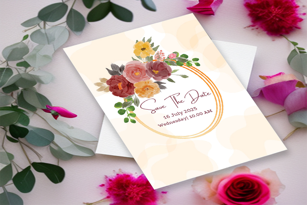 Image of enchanting wedding invitation with flowers.