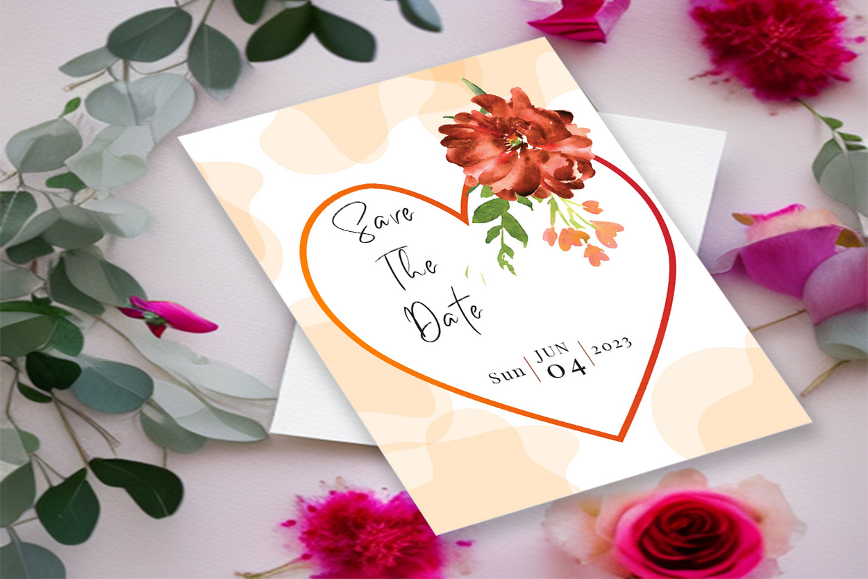 An image of a gorgeous wedding invitation with a heart shaped floral design.