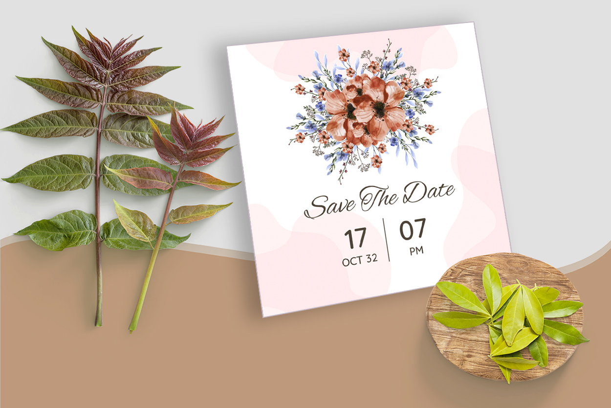 Wedding Card Template with Brown Floral Save the Date preview.