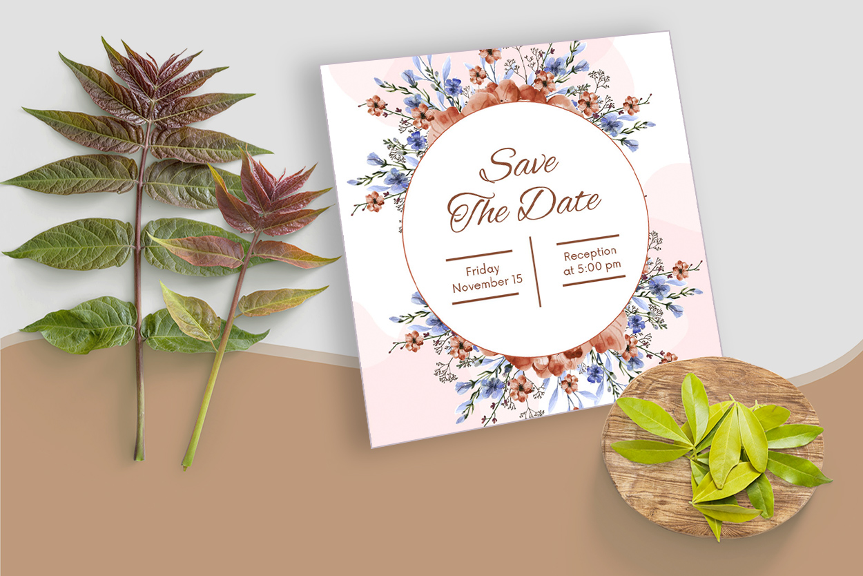 Beautiful Brown Floral Wedding Invitation Card Design Save the date mockup example.