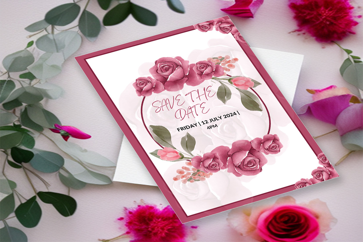 Image of a gorgeous wedding invitation with pink color watercolor flowers.