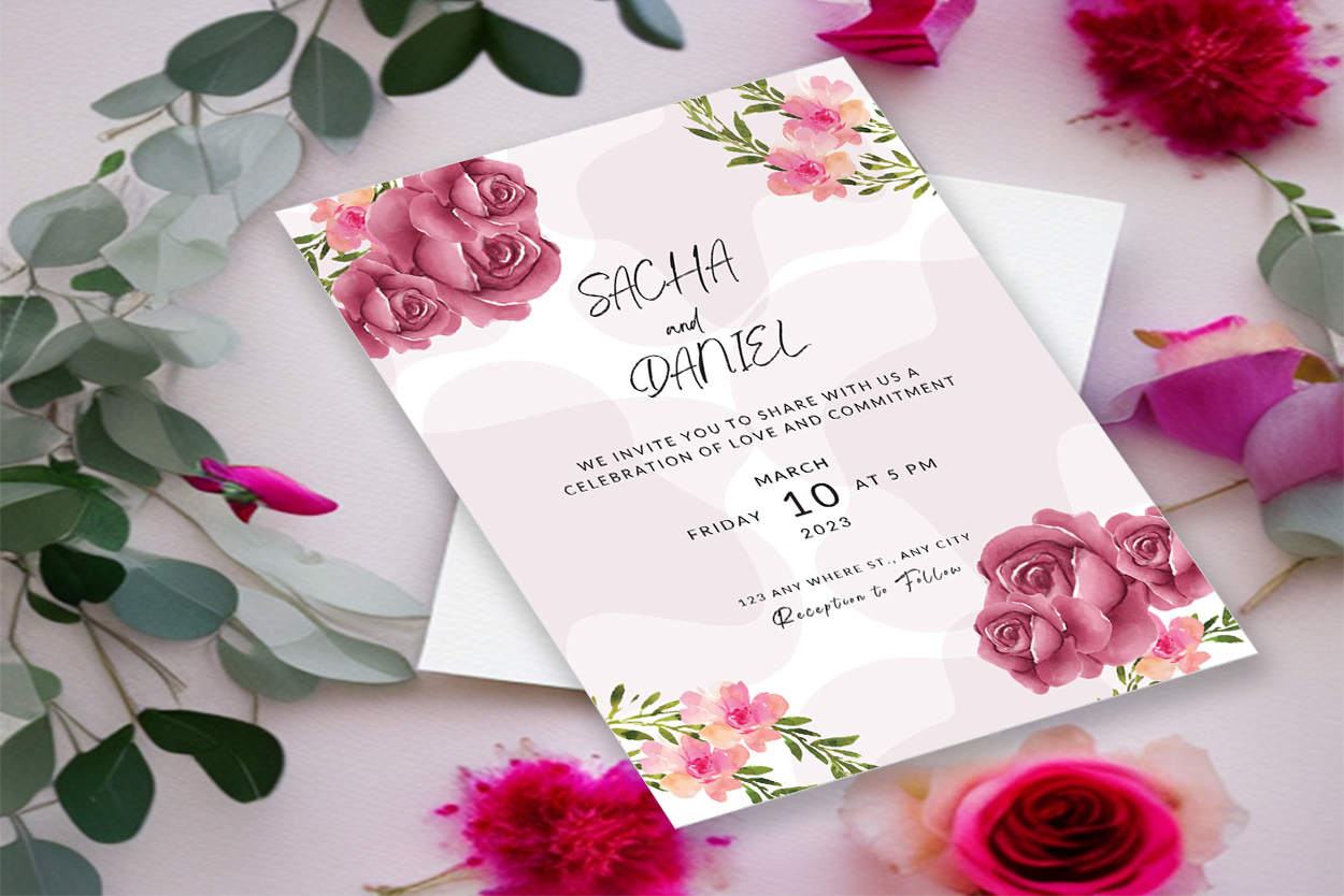 Image of unique wedding invitation with rose flowers.