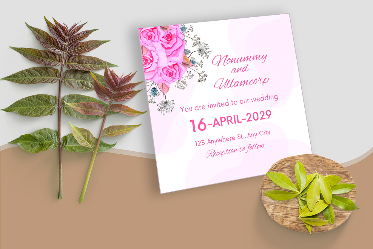 Wedding Invitation Flowers Pink Template preview image.