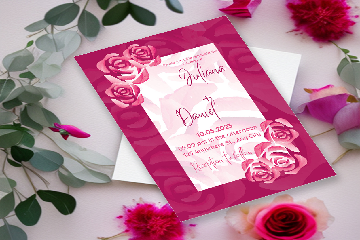 Image of a wonderful wedding invitation with bright pink design.