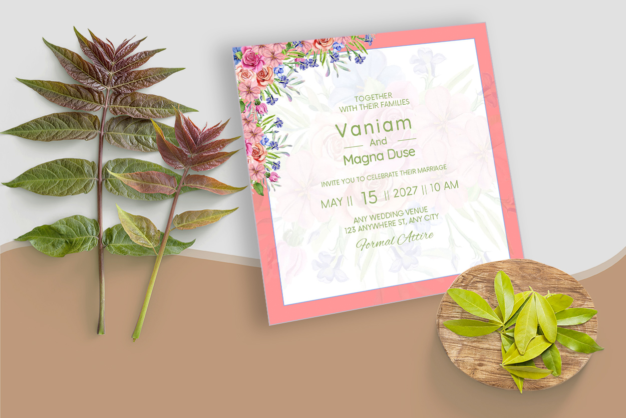 Flower Wedding Pink Invitation Card Design preview image.