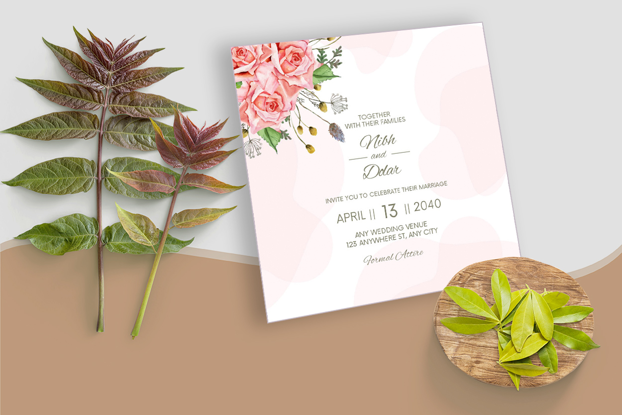 Elegant Floral Wedding Invitation Card with Beautiful Flower and Leaves Watercolor mockup example preview.