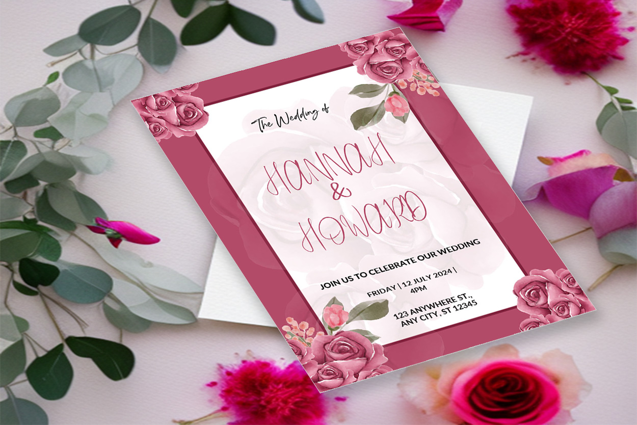 Image of exquisite wedding invitation card with pink color watercolor flowers.