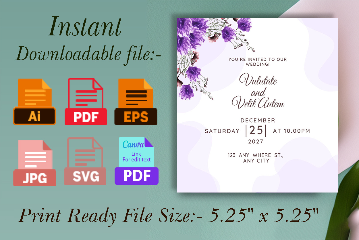 Purple Floral Wedding Invitation Card Design features.