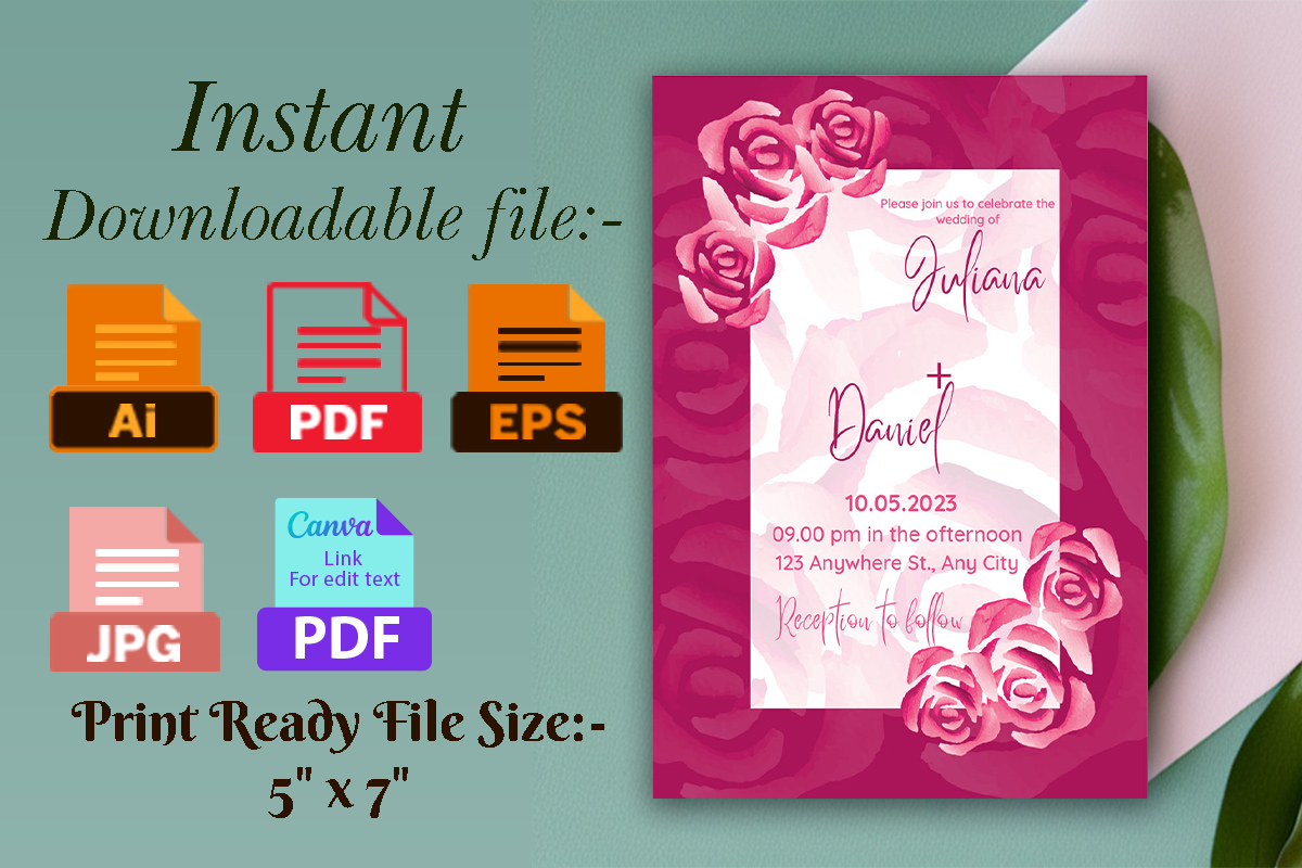 Image of colorful wedding invitation with hot pink design.